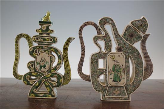 Two Chinese famille verte glazed biscuit character wine pots, early 20th century, 22.5cm.